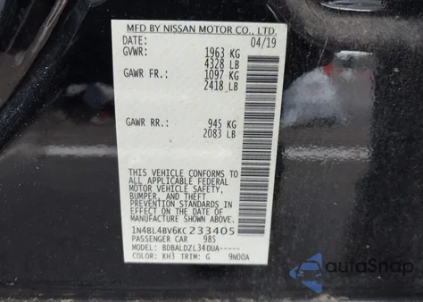 2019 Nissan Altima 2.5 S z USA, uszkodzony, nr VIN 1N4BL4BV6KC233405